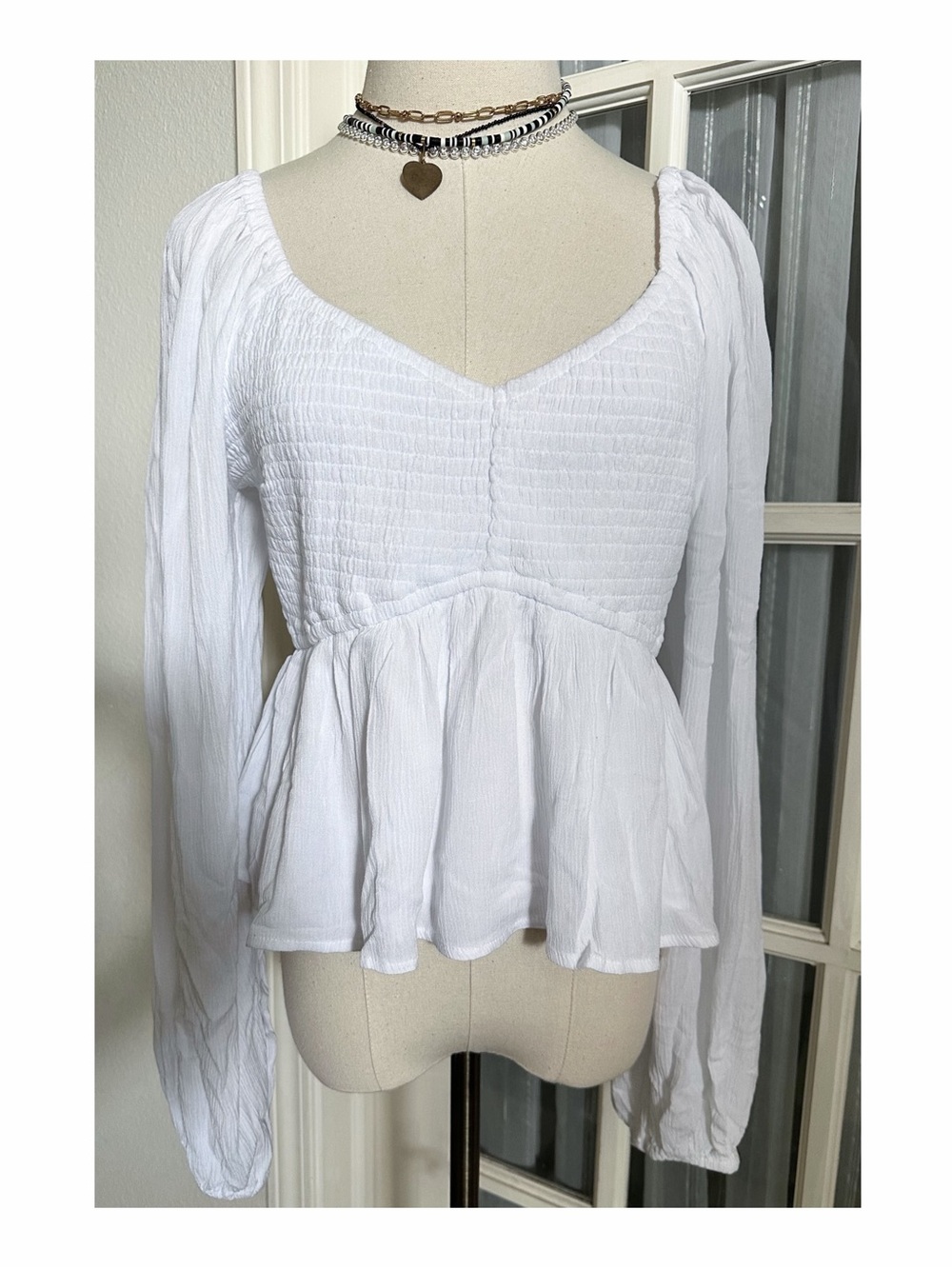 Hollister White Smocked Peplum Blouse with Bubble Sleeves - Picture 1 of 4